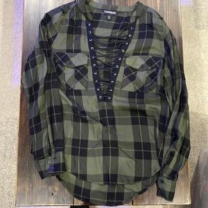 Express flannel, green/black checkered pattern. Size XS.